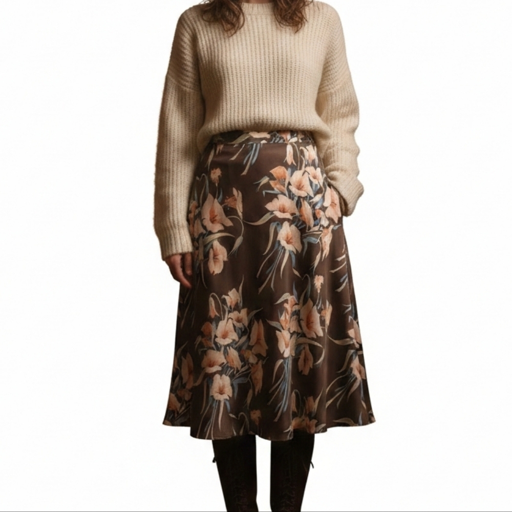 VTG Jones New York 100% Silk Floral Skirt Brown Blue Earthy Whimsigoth Midi 12